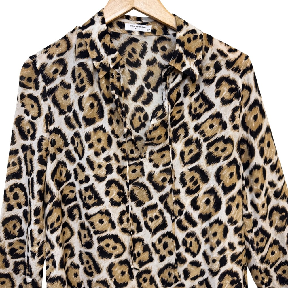 Equipment Femme 100% Silk Tunic Top Small Leopard Print Long Sleeve Blouse - Picture 3 of 8